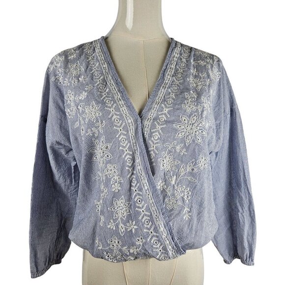 Chloe & Katie Blue Medium Striped Boho  Cottagecore Embroidered Wrap Top - Picture 1 of 10